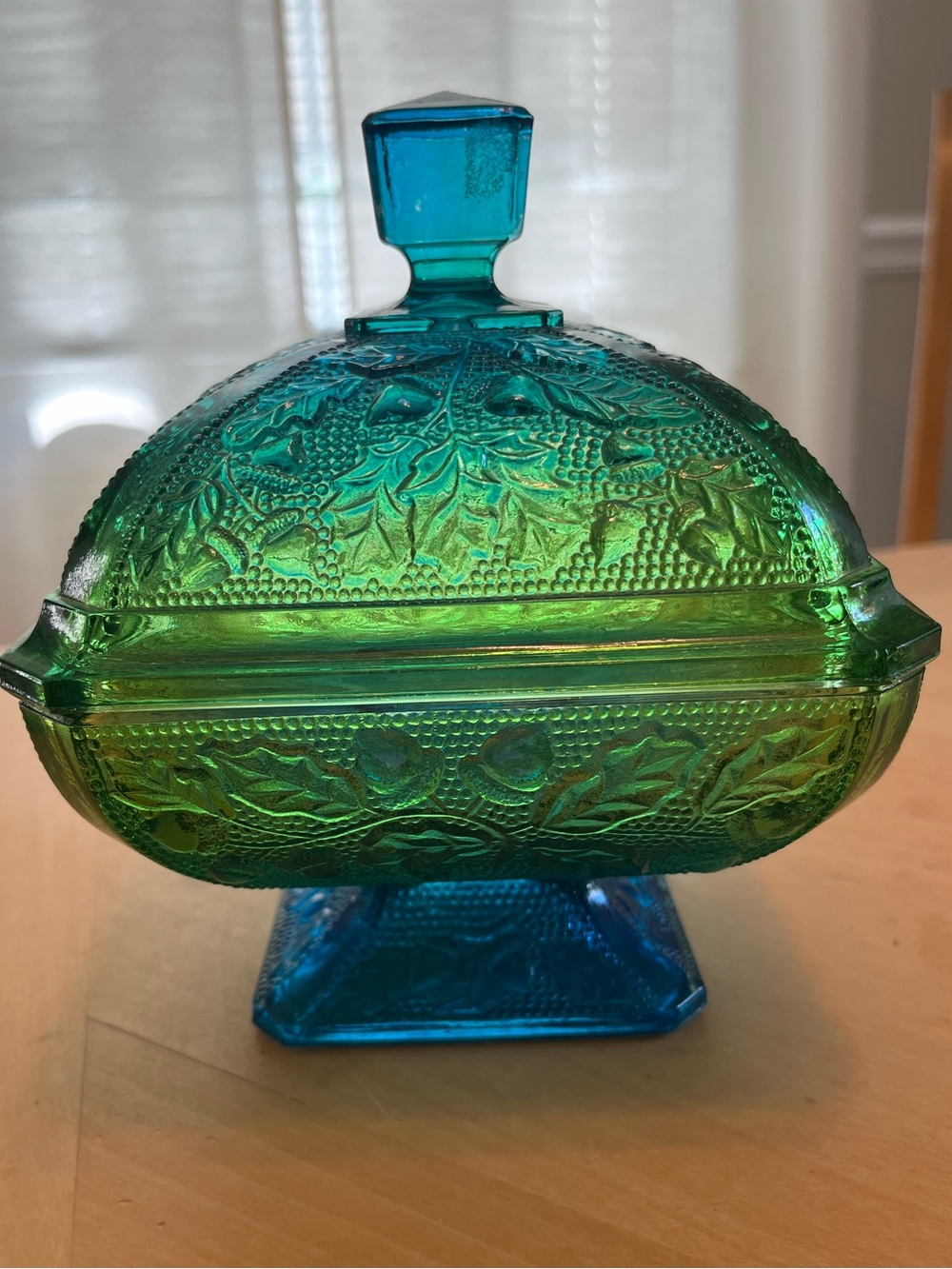 Vintage Jeanette Glass Embossed Glass Covered Pedestal Dish in Blue Green Ombre - Picture 15 of 15